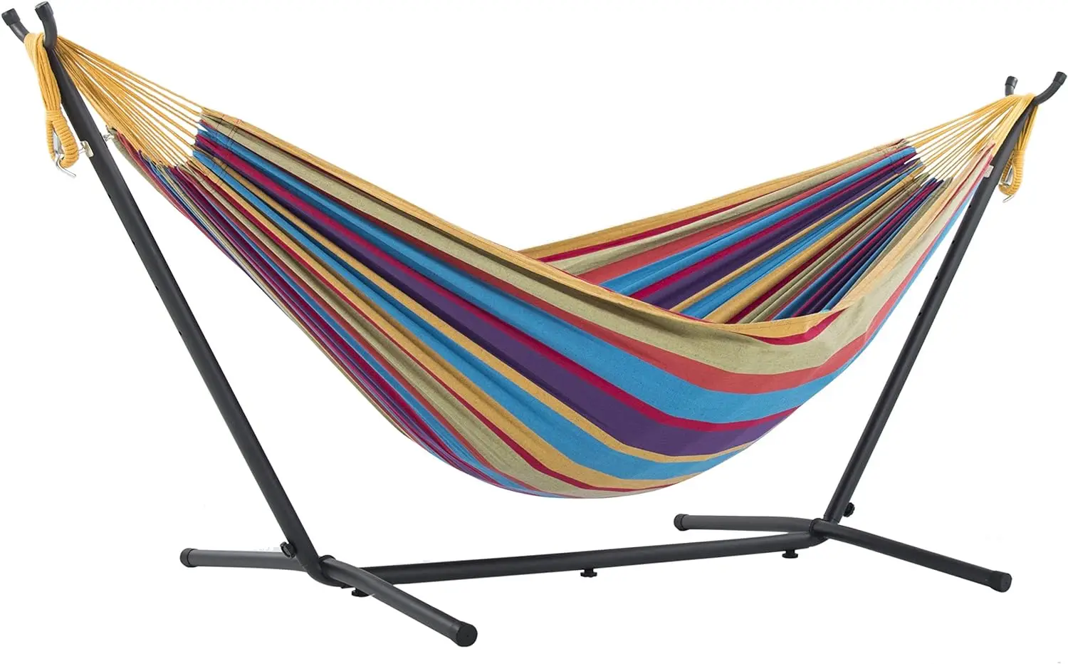 

Vivere Double Cotton Hammock with Space Saving Steel Stand, Tropical (450 lb Capacity - Premium Carry Bag Included)