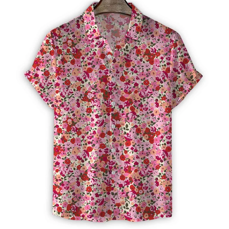 thumbnail image 1 of Camisa de moda con estampado de flores en 3D para hombre, camisas hawaianas de manga corta con solapa de verano, blusa holgada con botones y flores para la calle, 1 of 4