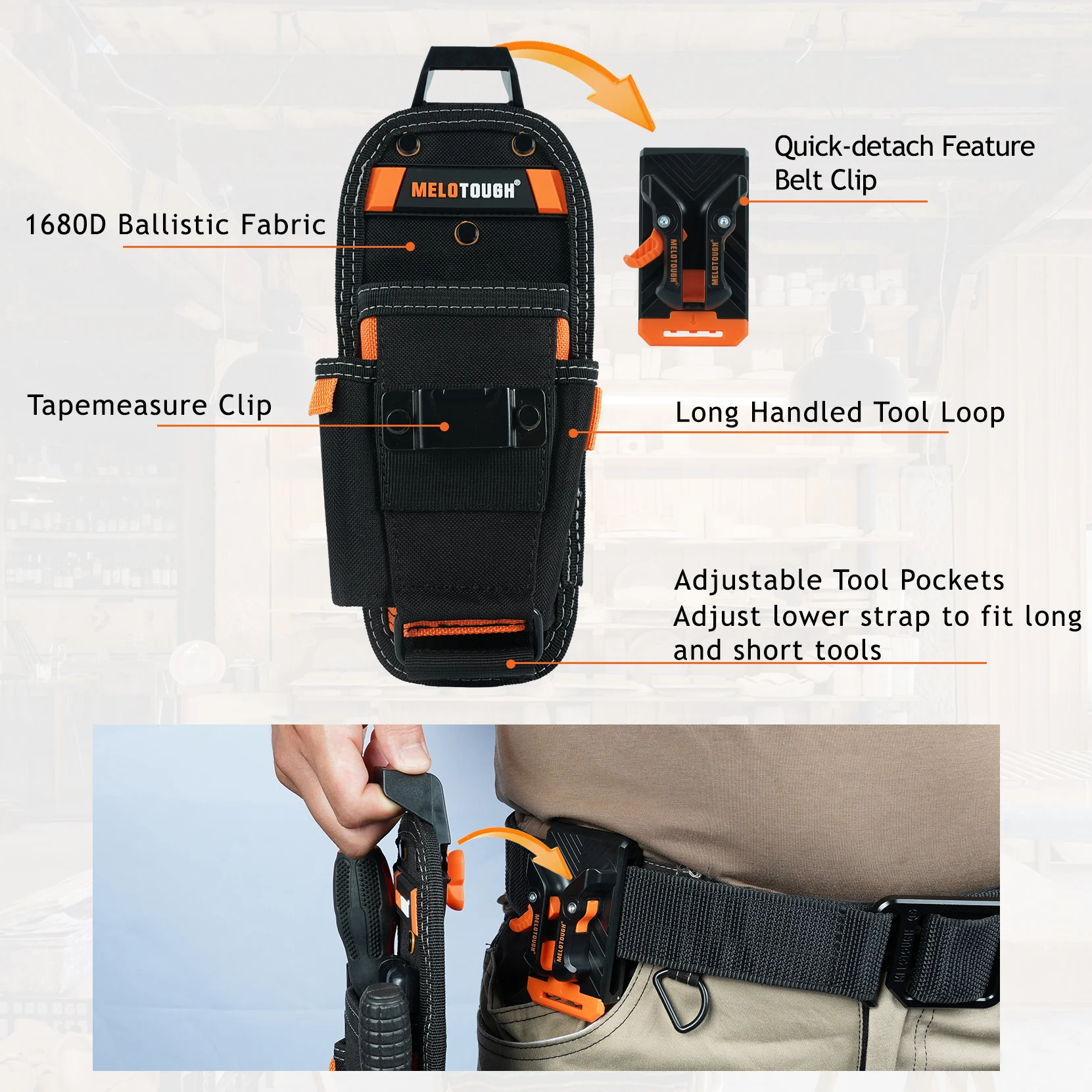 MELOTOUGH Small Tool Pouch with Quick Release Belt Clip,Clip On Tool Belt Pouch with Electrician Tapemeasure Clip 3
