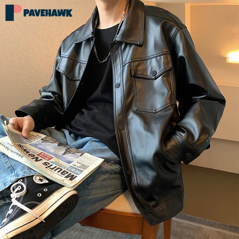 

Куртка мужская кожаная в байкерском стиле, винтажная свободная однотонная куртка из искусственной кожи с лацканами, модная красивая верхняя одежда в Корейском стиле, весна-осень