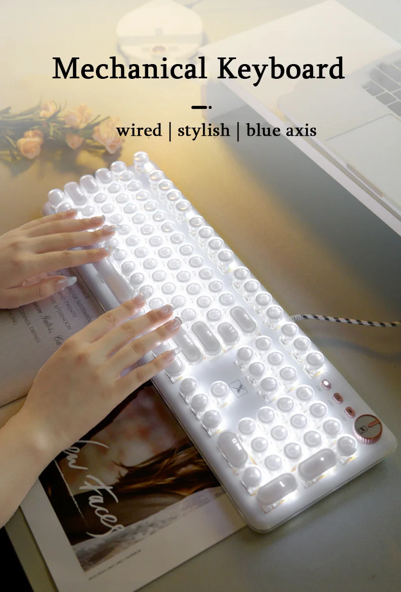 Teclado Mecânico Gaming Transparente, Teclado Backlit Branco,