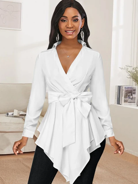 Women White Blouse V Neck Tops Long Sleeve with Waist Belt Office Ladies  Classy Modest 2023 Spring Autumn Shirts Elegant Blusa - AliExpress Women's  Clothing