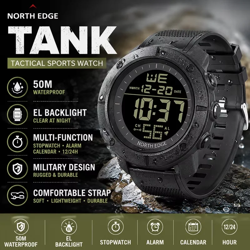 NORTH EDGE TANK Outdoor Men's Waterproof Watch with Alarm and EL Backlight Silicone Band