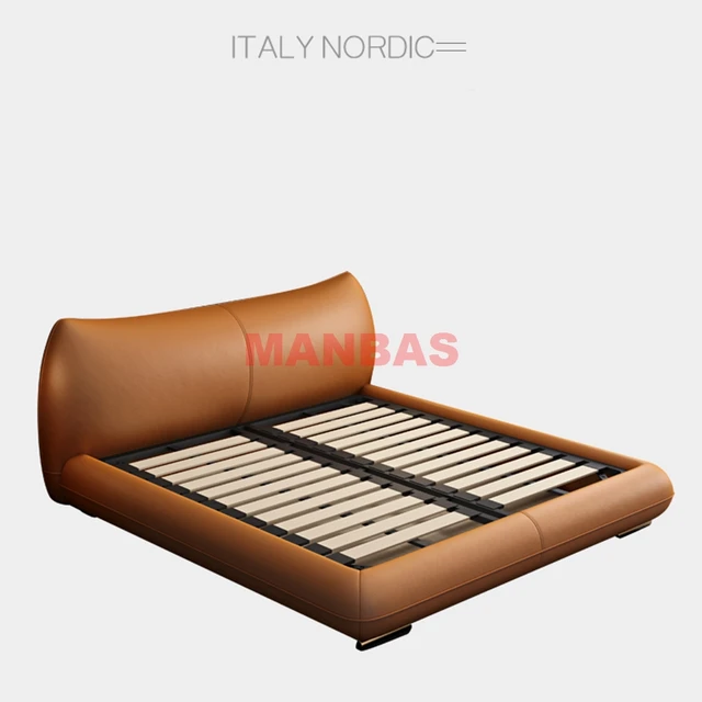 Linlamlim Genuine Leather Bed Double Size Rectangle Bed Frame Nordic