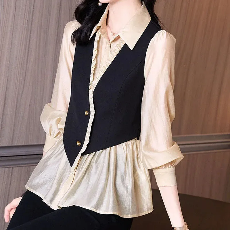 Fashion Elegant Polo-Neck Fake Two Pieces Button Shirt  Women's Clothing New Korean Ruffles Spliced Commute Long Sleeve Blouse