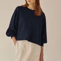 Women's Autumn Winter 100% Cotton Sweatshirt Loose Short Lantern Sleeve Spliced Pure Cotton French Casual Pullover Tops - Image 6