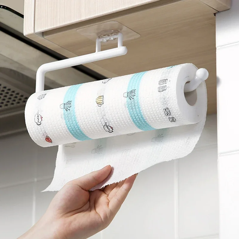 Portarrollos de papel de cocina, pared, estante de almacenamiento de papel  en rollo, sin perforaciones, armario para el hogar, organizador de  envoltura de plástico, accesorios para estantes