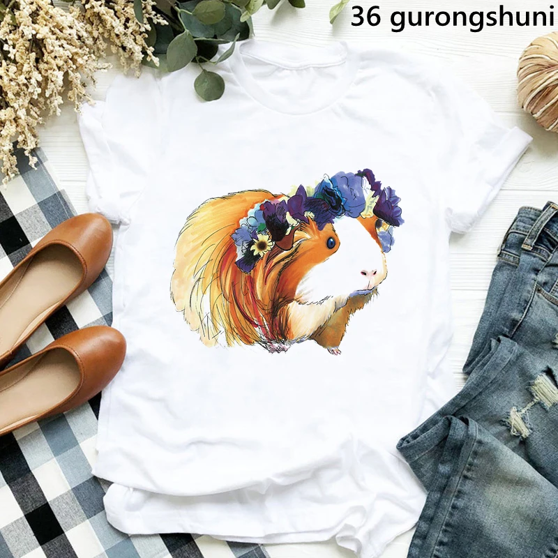 

Watercolor Guinea Pig Flowers Animal Print T Shirt Women Funny White Tshirt Femme Harajuku Kawaii Clothes Summer Tops Tee Shirt