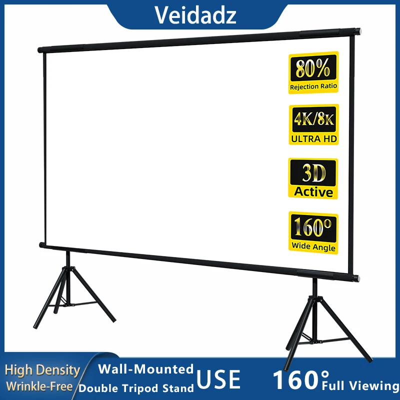 

VEIDADZ Projector Screen With Stand 84-120inch White Wrinkle-Free 160° Viewing Angle Portable Screen Home Theater Indoor Outdoor