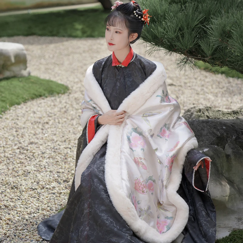Butterfly Flower Shawl Han Chinese Clothing Cheongsam Imitation Rabbit Fur Brim Soft Autumn and Winter Warm