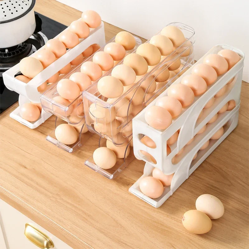 4 Layers Automatic Rolling Egg Holder Rack Fridge Egg Storage Box Container Kitchen Refrigerator Dispenser Organizer