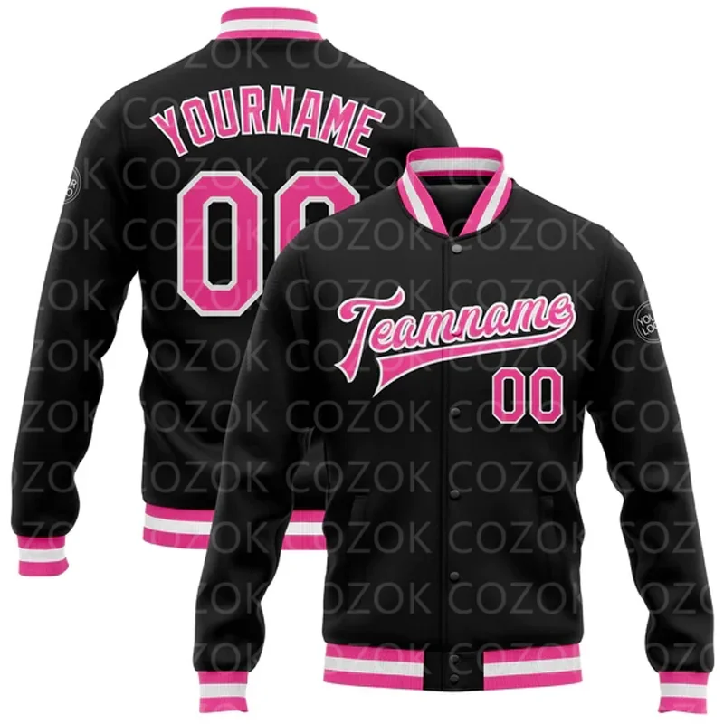 Custom Black Pink 3D Printed Baseball Button Jacket Bomber Full-Snap Varsity Letterman Jacket