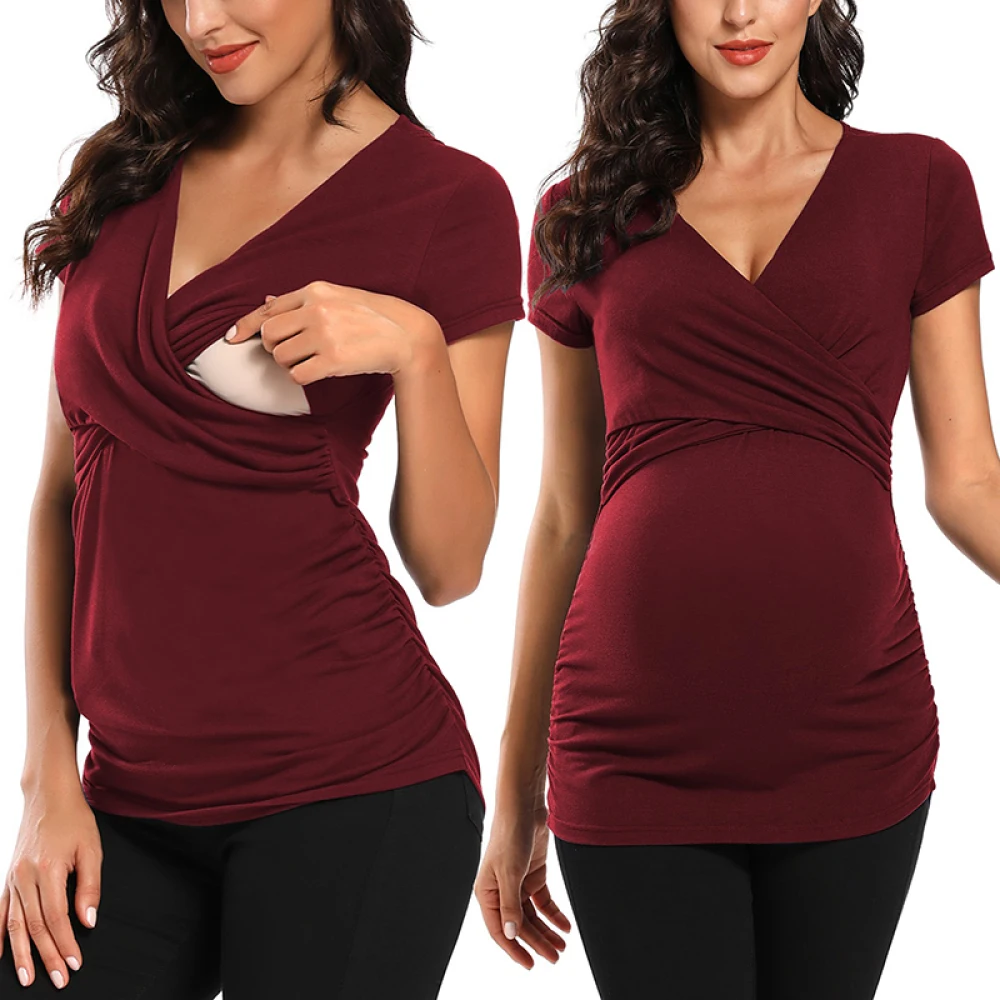 stylish maternity clothes Womens Maternity Clothes Breastfeeding Clothing Short Sleeve Pregnant Clothes Pleated Side Open Pregnancy T-Shirt  Top comfy maternity clothes