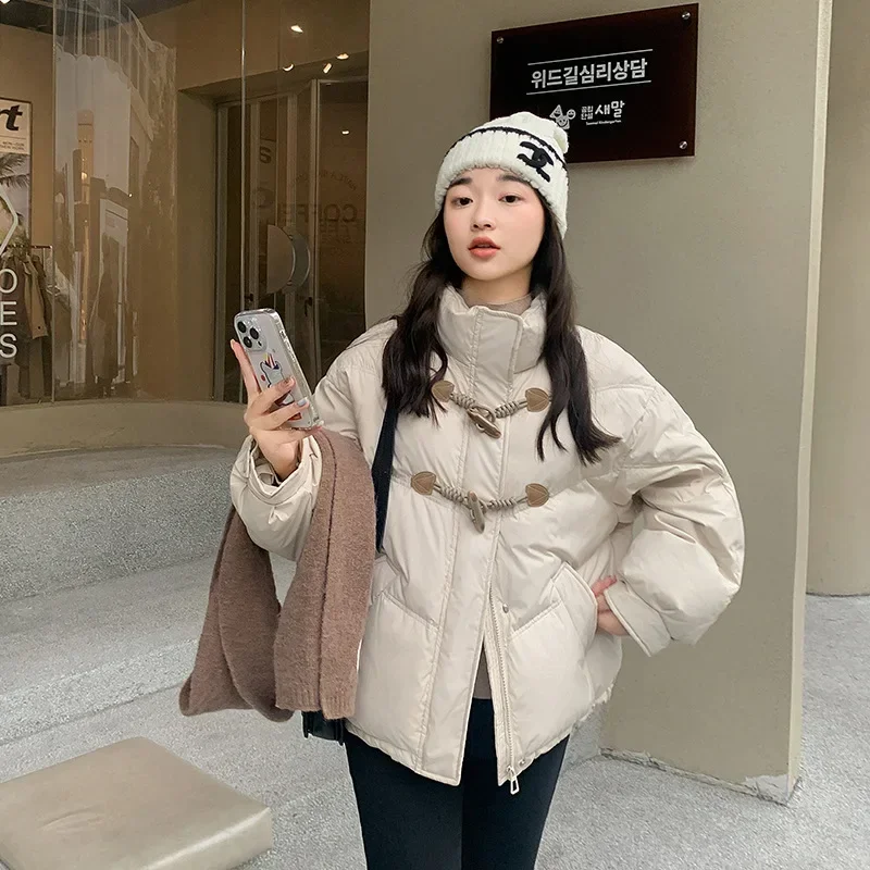 

Down Coat Women Cow Horn Button Short Down Cotton Coat Women's 2023 Winter New Stand up Neck Loose A35D