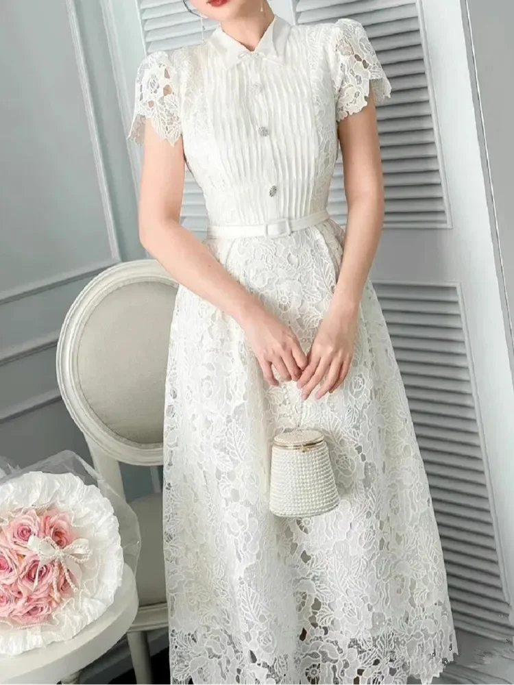 

SMTHMA 2024 New Fashion Elegant Runway Summer Dress For Women Short Sleeve Lace Hollow Out Party Vintage Midi Dresses Vestidos