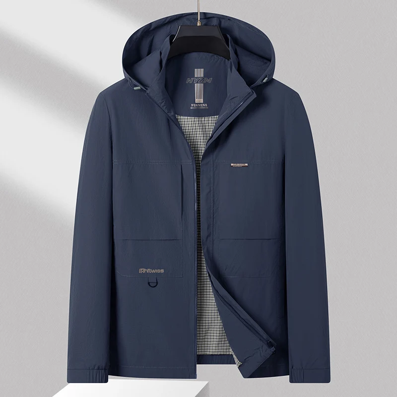 2024 Spring Autumn Men Casual Jacket With Detacable Hood Design Male Navy Blue Gray Lightweight Coat smart Casual Outerwear OOTD sun protective clothing for men very thin light 2022 new summer male jacket with a hood skin dust coat white blue gray j05