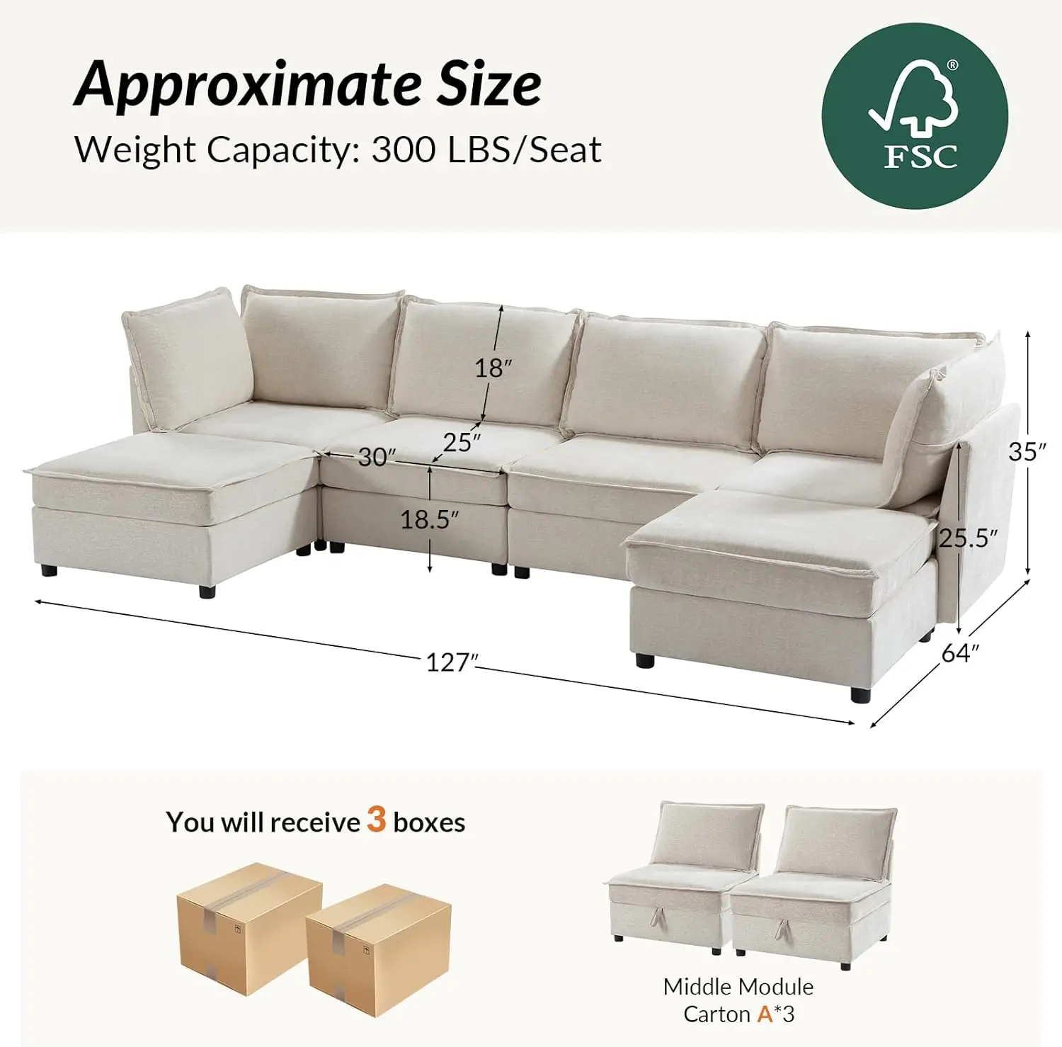 127'' Modular Sectional Sofa, Oversized U Shaped Couch with Storage Ottoman, Comfy Chenille Sofa with Deep Seat, 6 Seat