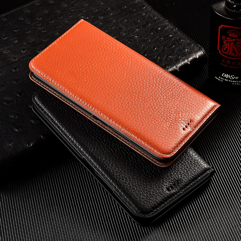 Litchi Pattern Genuine Leather Flip Phone Case - Stylish Protective Cover