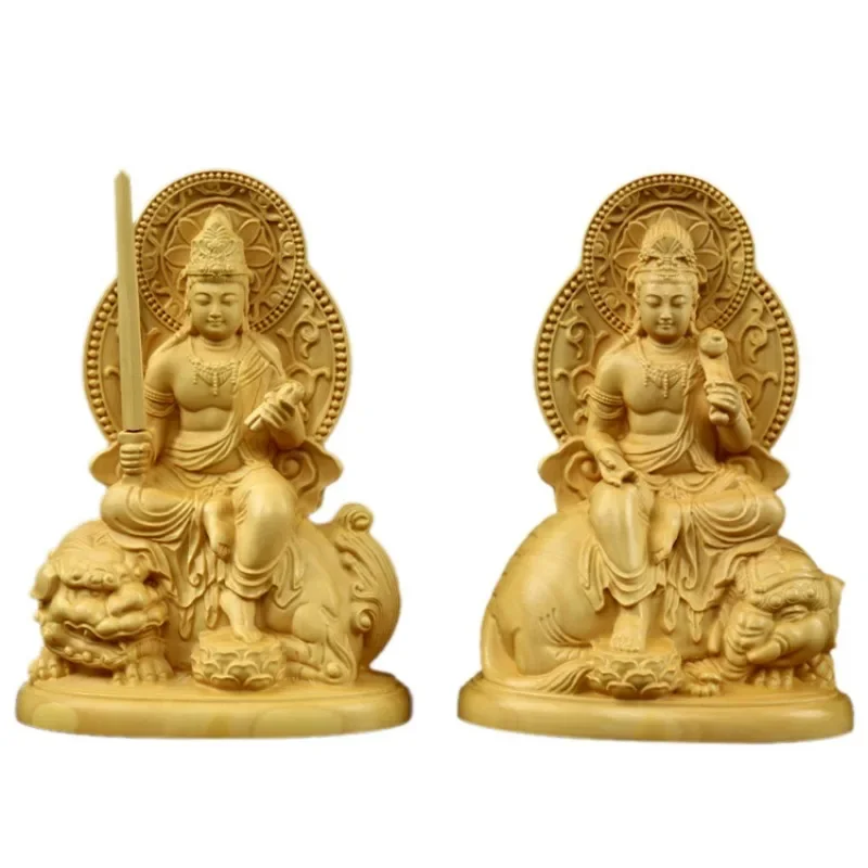 Huangyang Wood Carving Handicrafts Buddha Statues Solid Wood Small Ornaments for Home Worship of Manjushri Bodhisattva