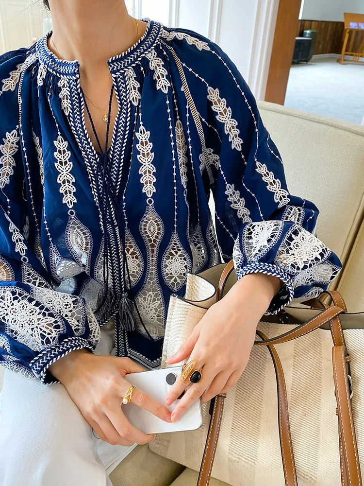 Elegant blue print cotton box top hooded drawstring fall blouse main image 1