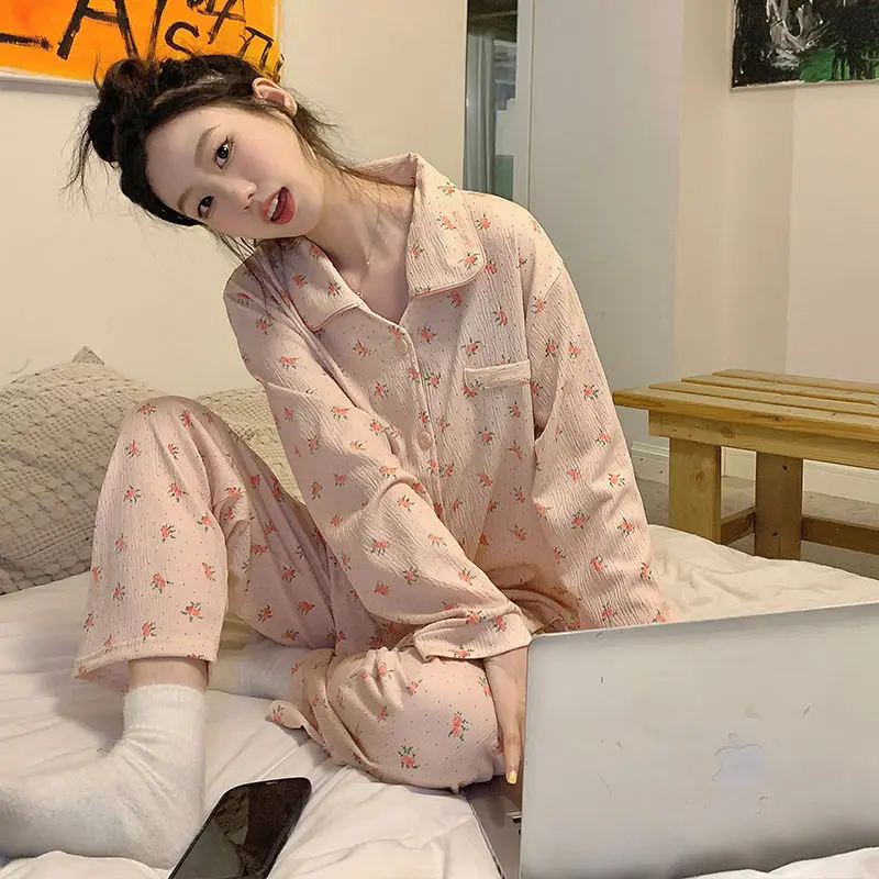 2024 New Women's Spring Autumn Pajamas Long-Sleeved Woven Cotton Doll Collar Sweet Sleepwear Set Female Floral Homewear Suit