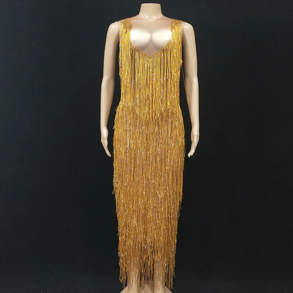 

Gold Tassel Party Long Dress Women Birthday Celebration Crystal Fringe Dress Nightclub Bar Singer Host Stage Performance Costume