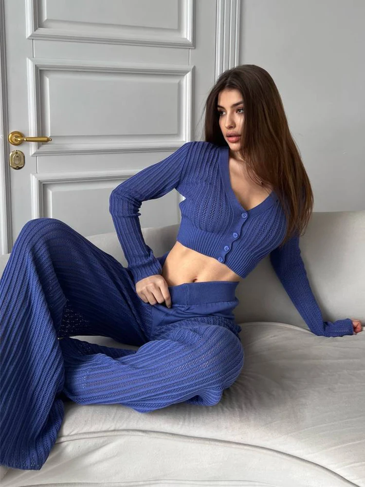 

Женский трикотажный брючный костюм, повседневный модный прозрачный комплект из 2 предметов, брюки с широкими штанинами, лето 2023