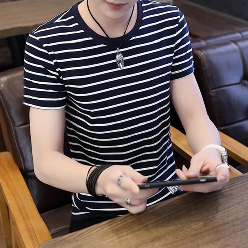 

Fashion Lapel Spliced Loose Striped Shirts Men's Clothing 2023 Summer New Casual Pullovers Tops All-match Korean T-Shirt