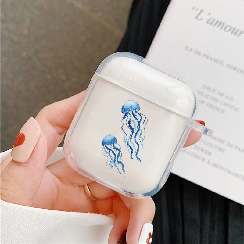 Ocean Animal Cute Dolphin & Sea Turtle Earphone Case - Sea Blue, Clear Cover