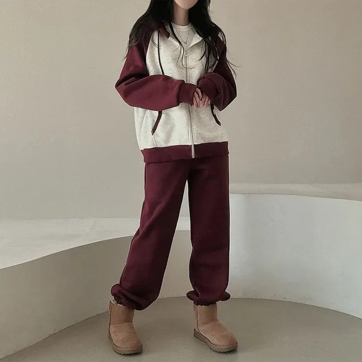 

Women's Autumn Winter Patchwork Loose Hoodies Suits Sweatshirts Zip Up Hooded Coats Jacket Female Outerwears 2 Piece Sets 2023