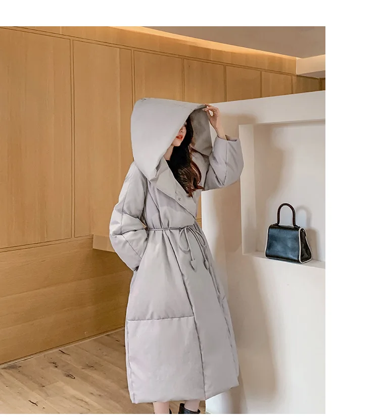 Winter Fleece-Lined Thick Style 90 White Duck down Jacket Women's Extended over-the-Knee Fashion Loose Cotton Padded Jacket