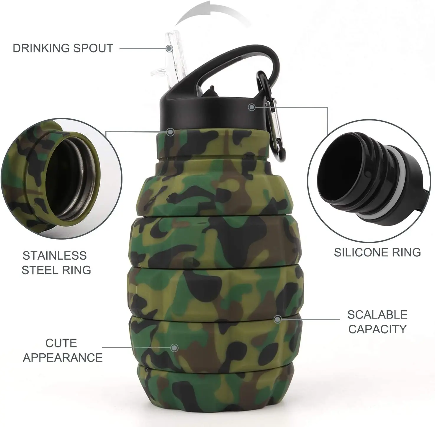 Collapsible Reuseable Silicone Water Bottles 18oz for Gym Camping Hiking