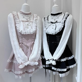 Japanese Gothic Y2k Rhinestone Bow Dress Set Women Sweet Lolita Style Lace Ruffles Bandage Slim Dresses Kawaii Tea Party Dresses 1