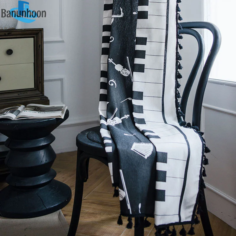 

American Country Style Cotton Linen Piano Printed with Black Tassel Curtains for Living Room Kitchen Bay Window Finished Curtain