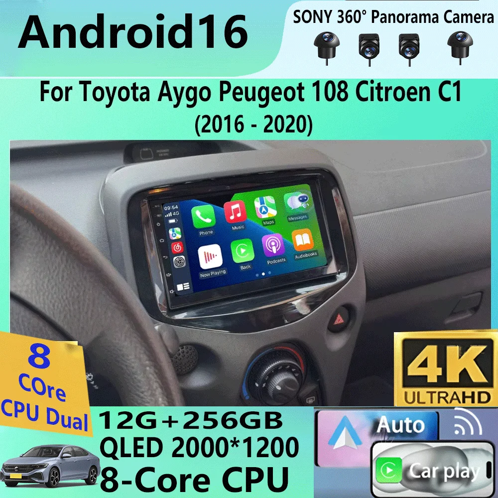 Radio para Auto Android 16 para Toyota Aygo, Peugeot 108, Citroen C1, Reproductor Multimedia Carplay, GPS, Navegación