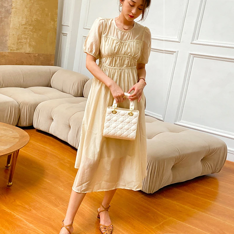 

Johnature New French Fold Women Dresses 2023 Summer Simple Solid Color Loose O-neck Short Sleeve Female Dress