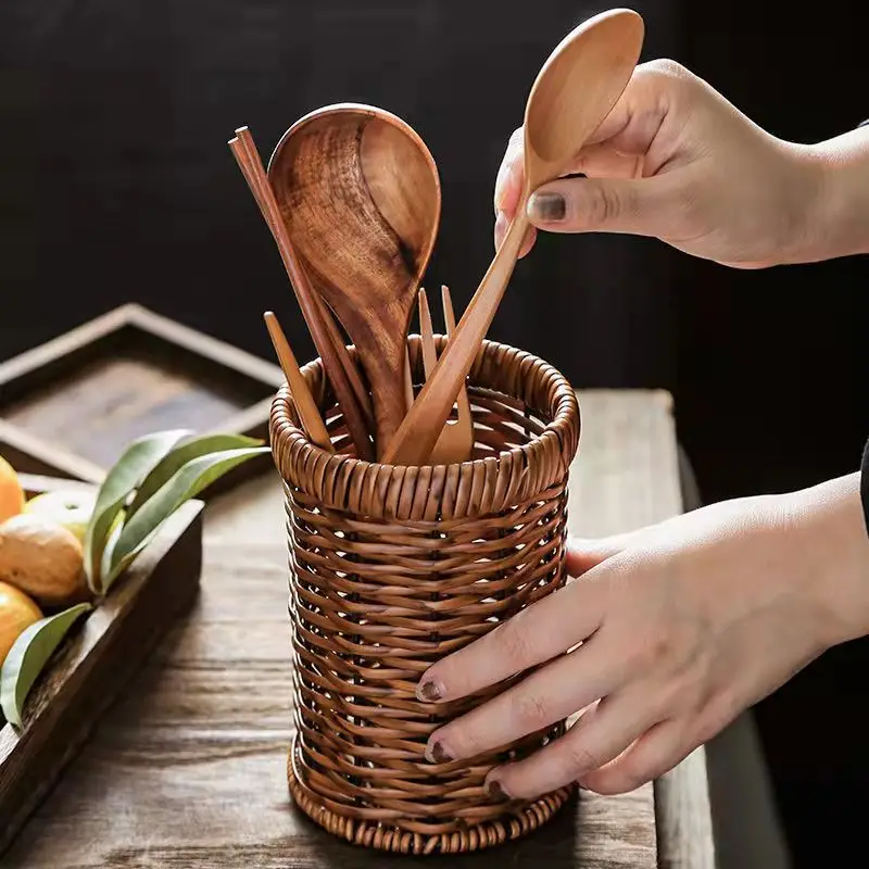 Handmade Rattan Storage Box Cosmetic Pen Holder Tea Ceremony Accessories Tableware Storage Decoration Household Storage Basket 3