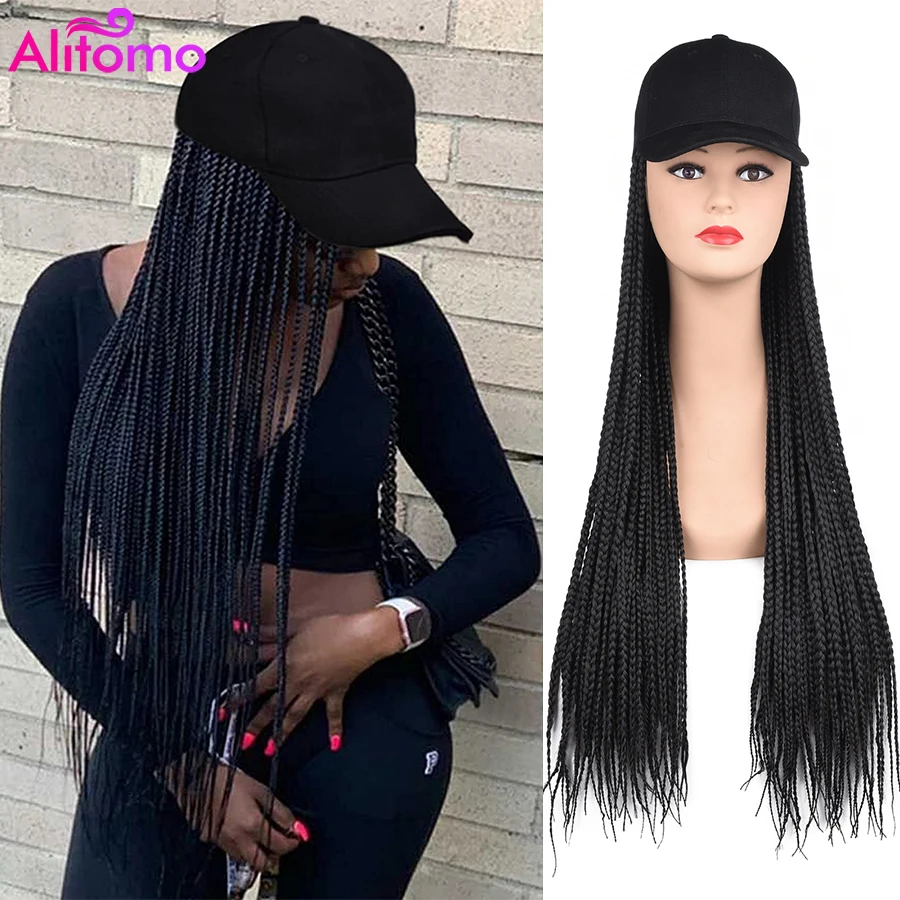 Alitomo 24 Inch Baseball Cap Hat Wig Hair with Hair Extensions Ombre Rainbow Synthetic Braided Box Braids Wigs for Black Women