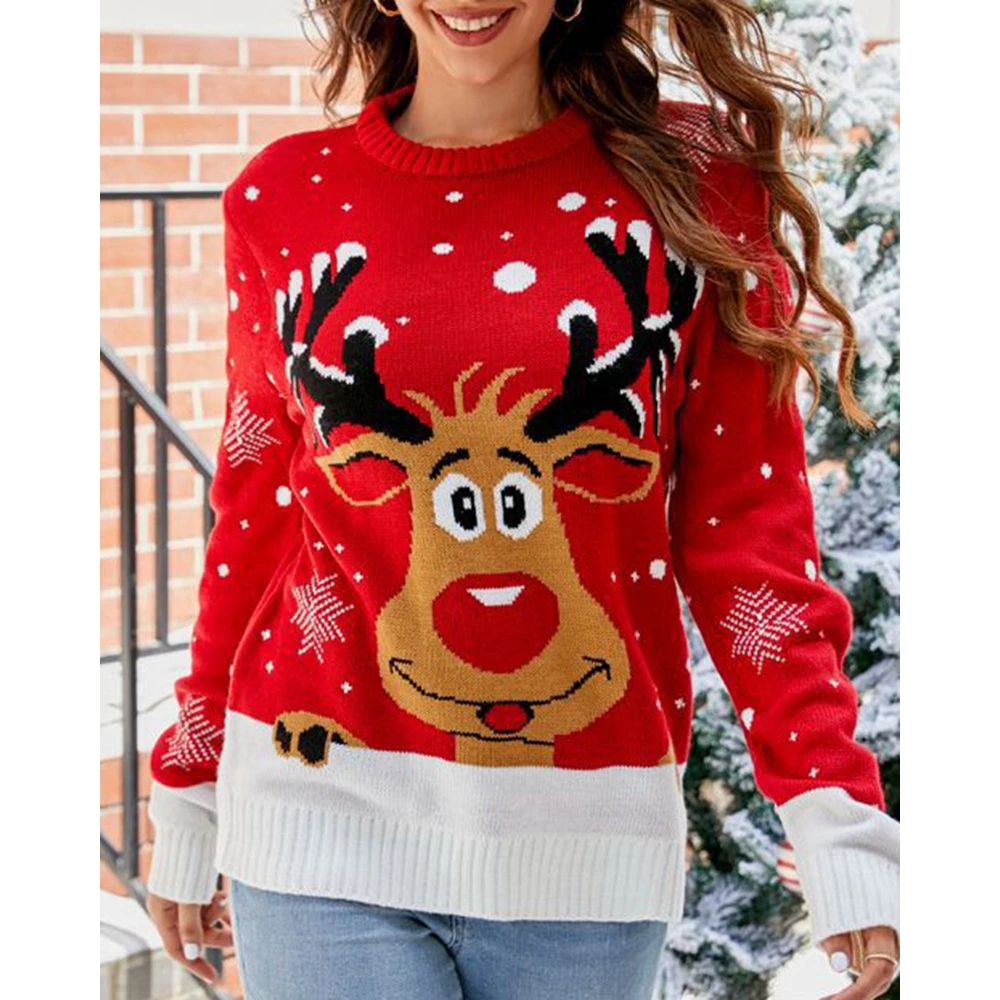 

New Year Christmas Women Christmas Tree Elk O Neck Knitted Tops y2k Style Outwear Winter Femme Fashion Casual Sweater Jumper