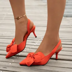 DOGHC Sandals Women's 2024 Summer New Fashion Solid Color Bow Tie Pointed Thin Heel High Heel Fashion Women's Shoes