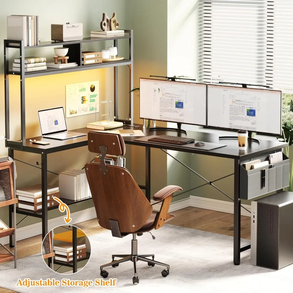 "59-inch led-lit l-shaped desk with power outlet for home office and gaming"