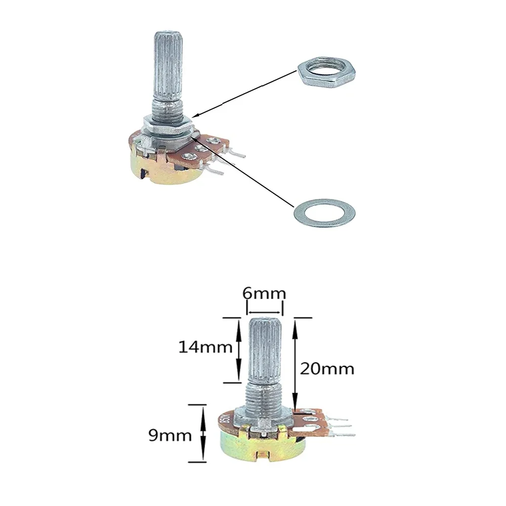 Potentiometer Kit 5Pcs 1K-1M Ohm Adjustable Resistor WH148 3Pin Single Turn Rotary Potentiometer Carbon Film Taper 20MM Shaft 10Values