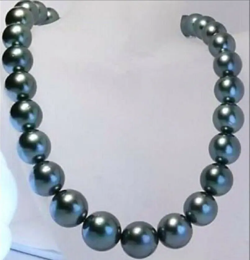 

AAAAA 11-12mm REAL natural ROUND TAHITIAN black pearl necklace 14k Gold Clasp