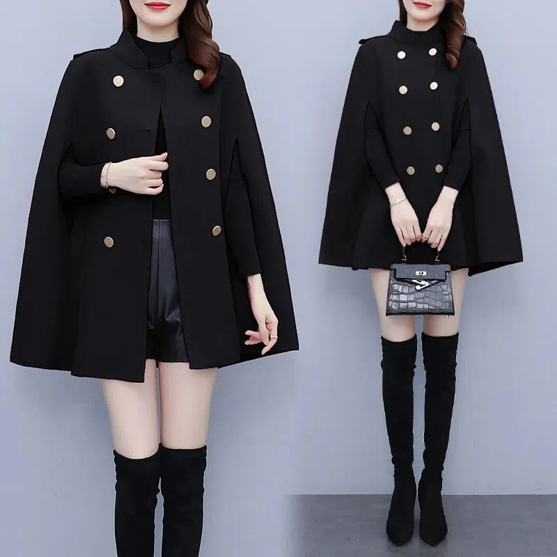 2022Autumn And Winter New Cape Temperament Coat Women's Loose Double-breasted Mid-length Cloak Fashion Woolen Coat Women's Tide