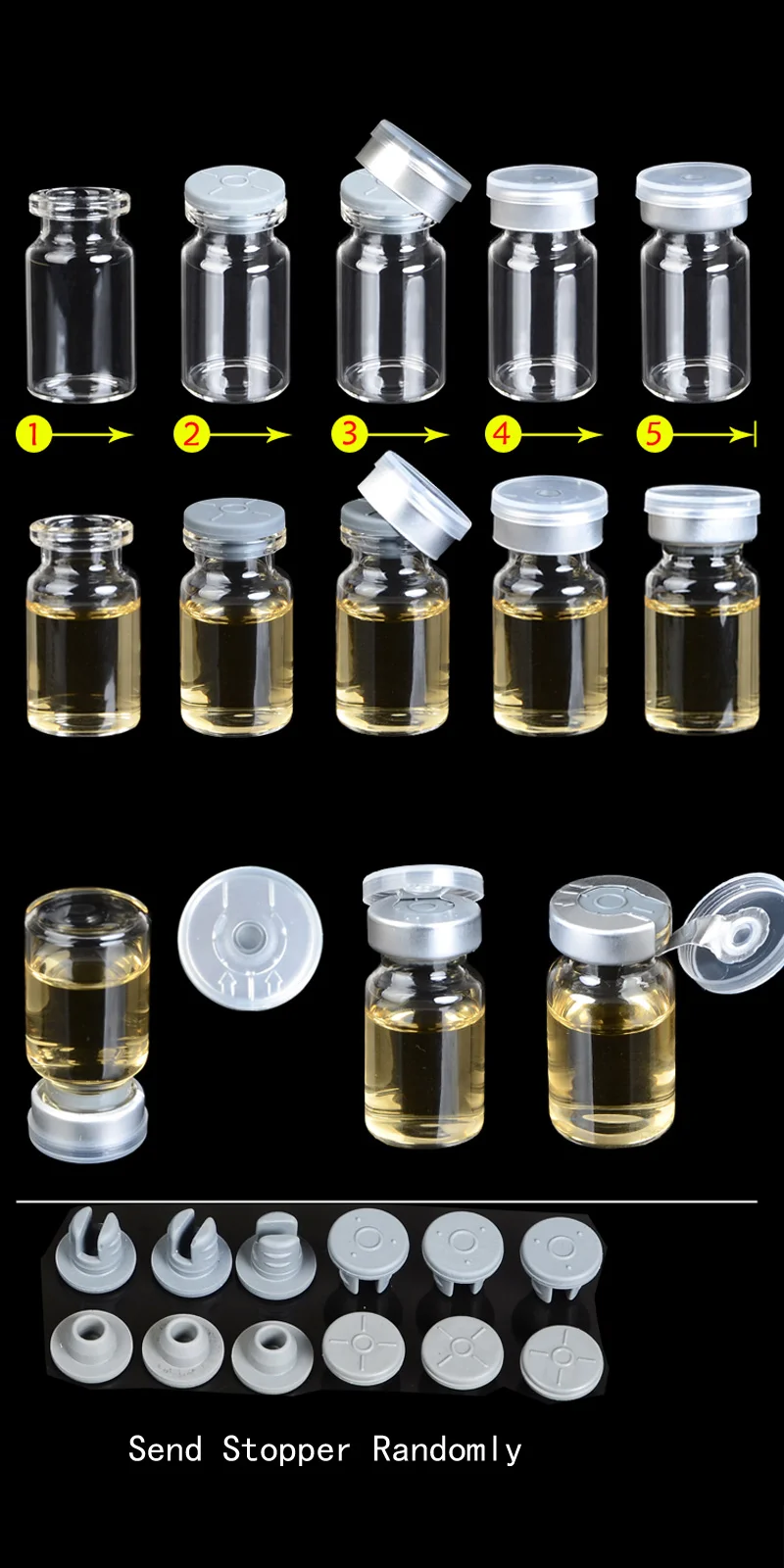 2ml 5ml 100pcs Clear Empty Glass Vials with Silicone Butyl Stopper Plastic Caps Cosmetic Injection Glass Bottles With Crimp Neck