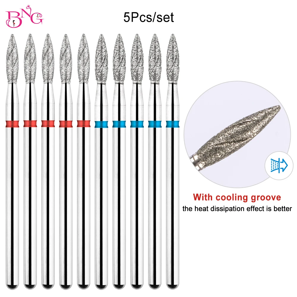 5pcs/set E-File Nail Drill Bit Manicure Russian Electric File Bits Cooling Grooves Diamond Flame Tips Cuticle Bits