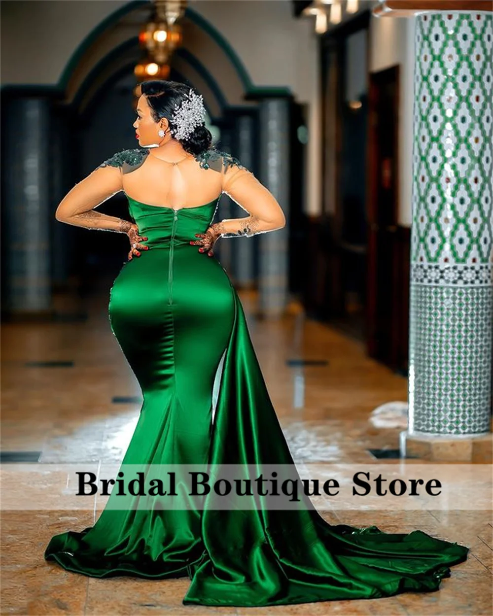 Luxury Mermaid Green Evening Dresses Beads Crystal African Birthday Party Gown Wedding Reception Formal Prom Gown Robe De Soiree