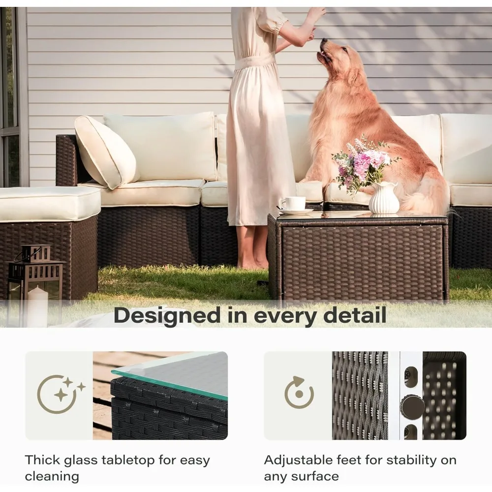 All Weather Outdoor Sectional Conversation Sets with 6 Chairs and 1 Tempered Glass Table for , Garden Sofas 6