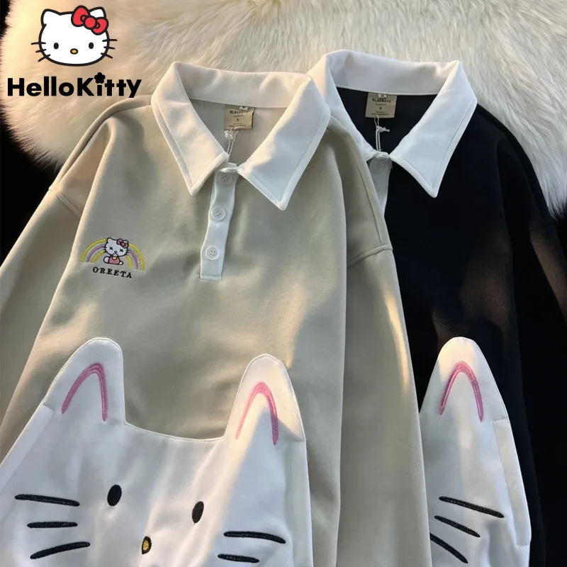 

Sanrio, Hello Kitty рубашка-поло с длинным рукавом, Женский Топ в американском винтажном стиле преппи Y2k, женские пуловеры, свободная повседневная одежда с карманами