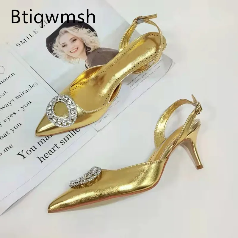 

Gold Leather Rhinestone Sandals Woman Pointed Toe Diamond Button High Heels Shoes Lady Sexy Party Shoes